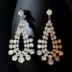 HUGE Sparkling Ice Rhinestone Dangling Vintage Pierced Earrings 2.5 Inches